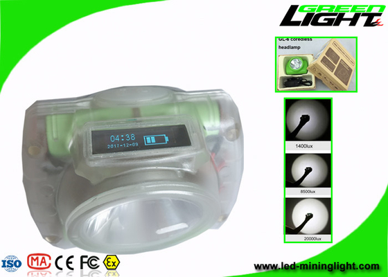 Material de la PC de la luz IP68 13000lux del casco de mineros de la carga por USB con la pantalla de OLED